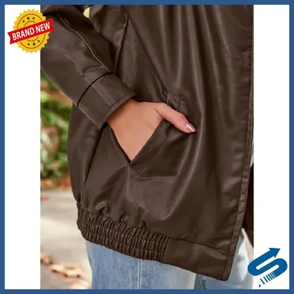 Oversized Faux Leather Motorcycle Jacket - Zipper Closure Fall Coat